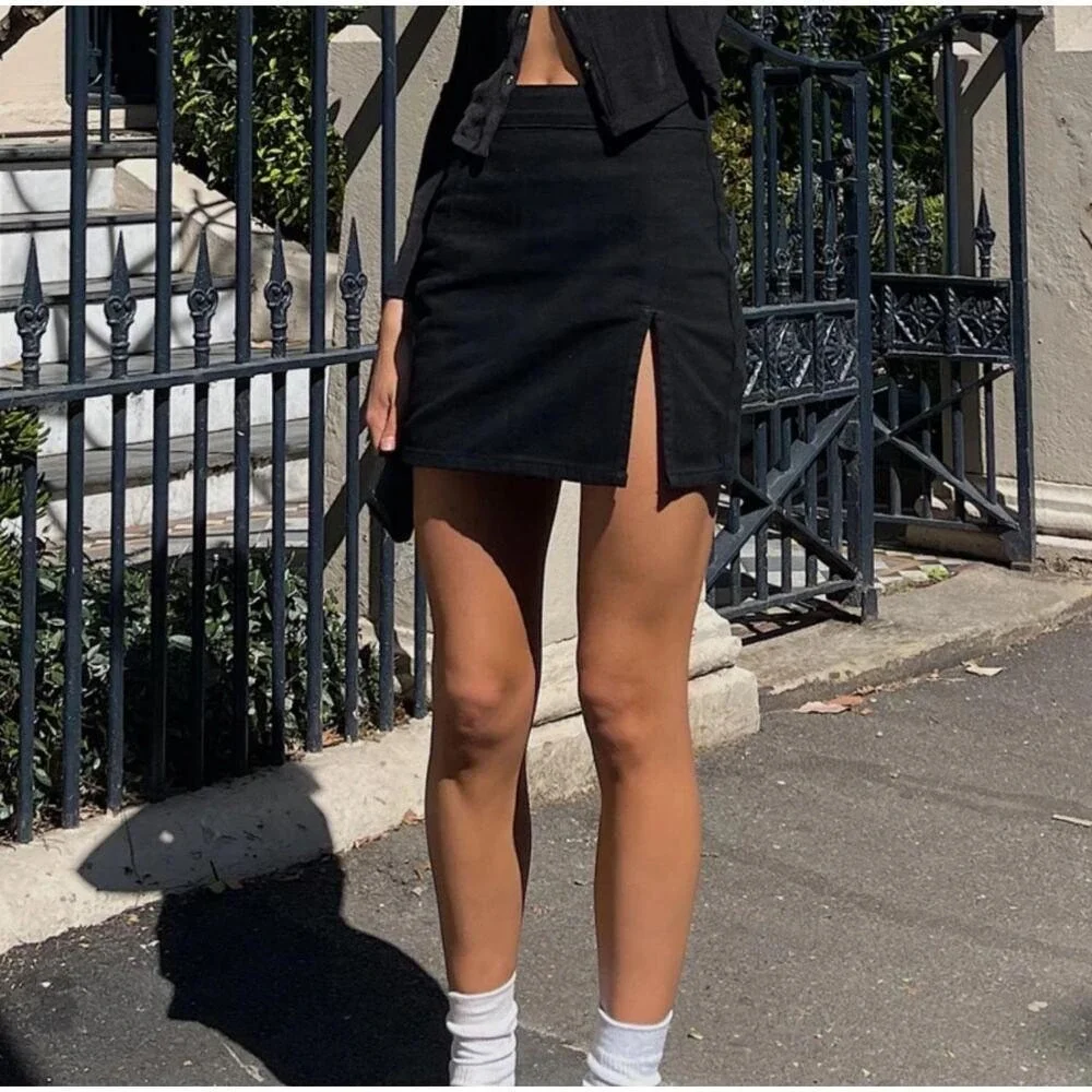 Lioness Black‎ Lola Denim Mini Skirt High Waisted Side Slit Size Small